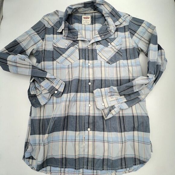 MENS LEVIS MODERN FIT Small BLUE PLAID LONG SLEEVE PEARL SNAP WESTERN SHIRT - Picture 1 of 4
